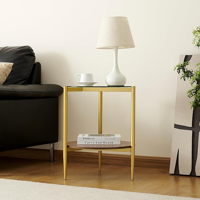 Round End Table, Mid-Century Modern Design, D20*H23 inch, for Living Room, 2-Tier Structure, Clear Glass Top and Walnut MDF Shelf, Sleek Conical Metal Legs with Gold Finish
