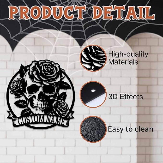 Personalized Skull and Rose Metal Sign, Custom Name Gothic Rose Decor for Garage, Man Cave, Motorcycle Club, Halloween Party, Custom Halloween Metal Wall Art, Spooky Skeleton Home Decor