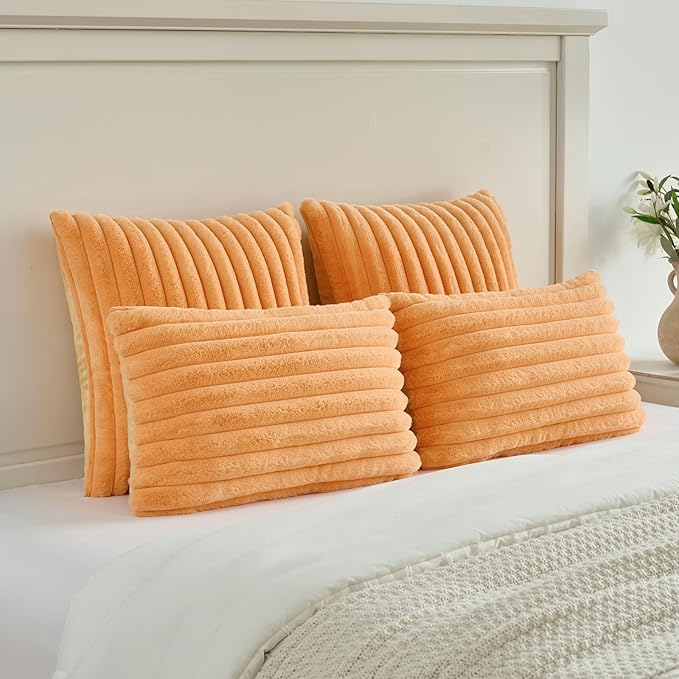 FUTEI Orange Striped Decorative Throw Pillow Covers 12x20 Inch Set of 2,Rectangle Fall Decorations Couch Lumbar Pillowcase,Soft Cozy Faux Rabbit Fur & Velvet Back,Modern Home Decor for Bed