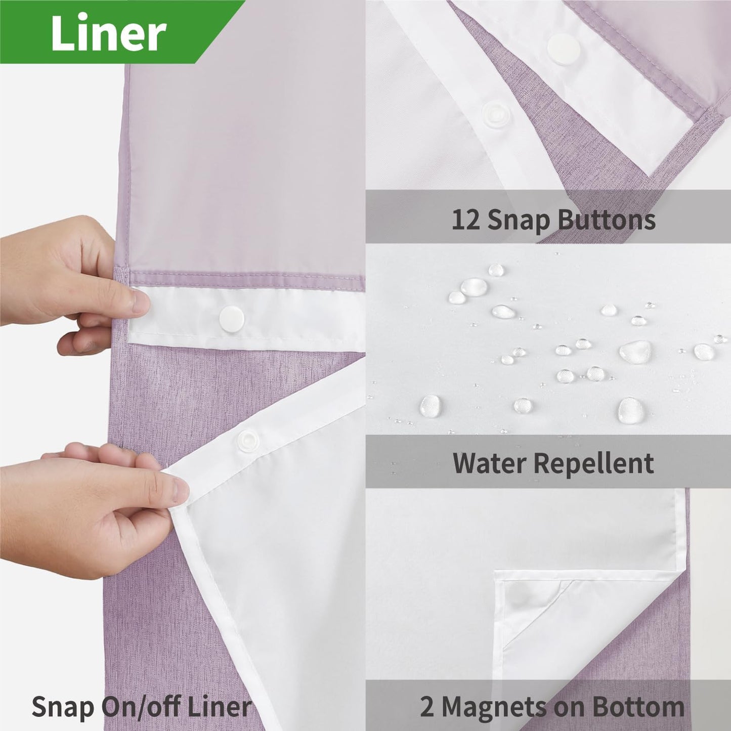 No Hooks Needed Linen Textured Shower Curtain with Snap-in Fabric Liner Set,Hotel Luxury Decor Shower Curtains for Bathroom with Mesh Top Window,Waterproof & Washable,71Wx74H,Lavender