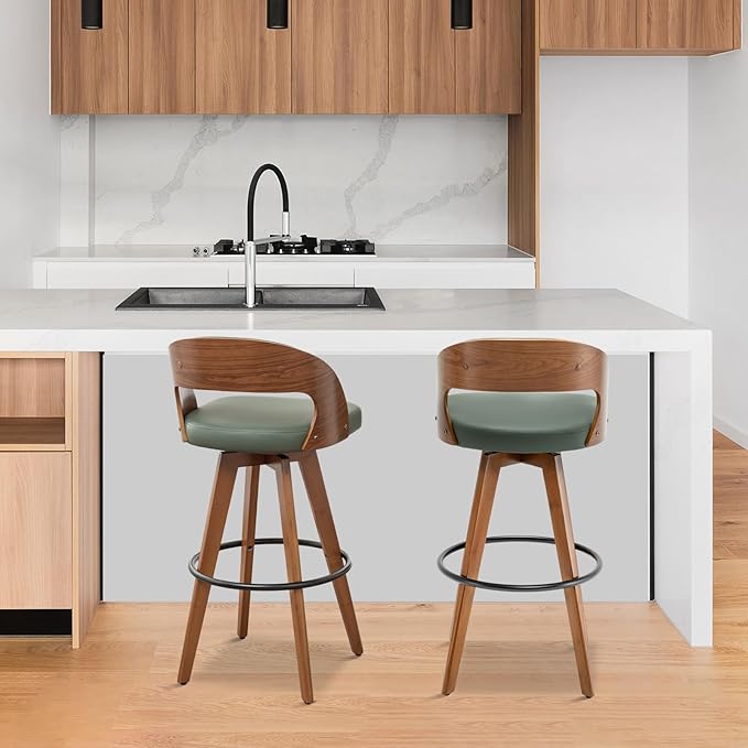 Barstools Set of 3,Counter Height Bar Stools for Kitchen Island,26.8 Inch Modern Upholstered Bar Chair, Swivel Counter Stools with Back and Wood Legs (Green-PU)