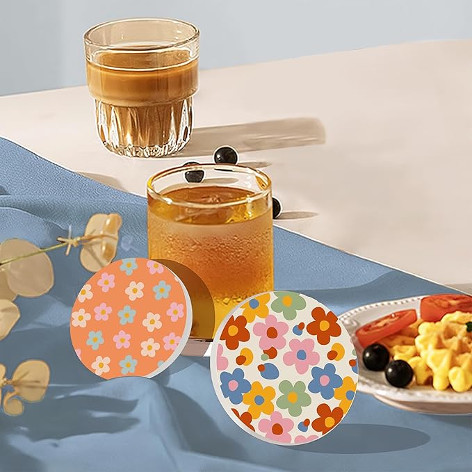 Drink Coasters Set of 6 with Holder, Vintage Groovy Flowers Absorbent Ceramic Drink Coaster for Tabletop Protection,Suitable for Kinds of Cups,Drinks Coasters for Home Office Decoration(4 Inches)