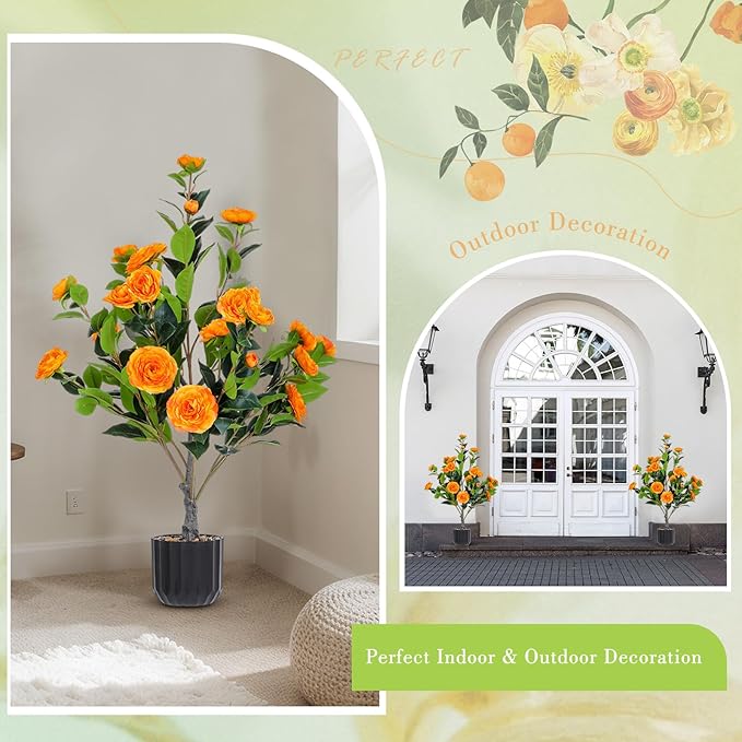 Jexine 2 Pack 36" Artificial Tree with Camellia, Fake Tree with 24 Blooming Flowers, Flower Plants Tree Faux Floral Plant Tree in Cement Pot for Indoor Outdoor Office Home Porch Decor (Orange, 36")