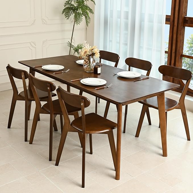 DELAVIN Soild Wood Dining Chairs Set of 6, Mid Century Oak Wood Kitchen Chairs, Vintage Dining Room Chairs Set Suitable for Kitchen, Walnut