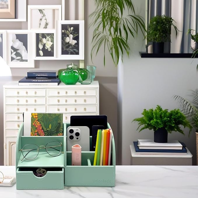 UnionBasic Desk Organizer - Multifunctional Leather Desktop Pen Holder Storage Box - Business Card/Pen/Pencil/Mobile Phone/Stationery Holder, Mint Green