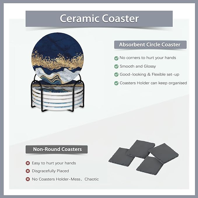 6 Pcs Coasters for Drinks with Holder,Blue Gold Marble Absorbent Coaster with Cork Backing,Great Gift for Housewarming,Room Decor,Bar,Holiday Party