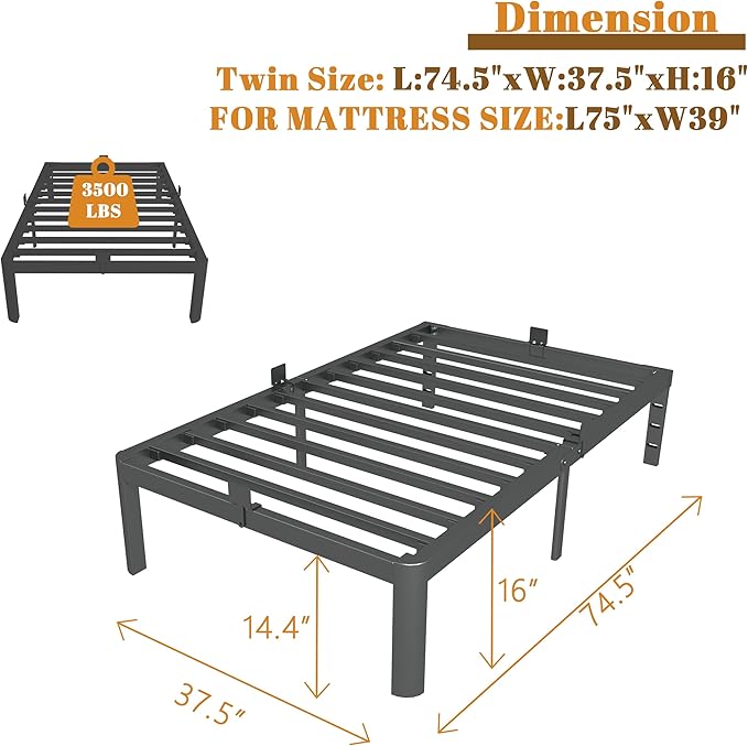 14 Inch Twin Bed Frames with Metal Gaskets, Black Bed Frame Twin Size No Box Spring Needed, Heavy Duty Steel Platform Supprt, Rounded Corner Legs, Reserved Holes, Noise Free, Easy Assembly