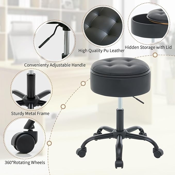 Rolling Stool, Adjustable Height Leather Esthetician Stool Thick Seat Cushion 20.67"-24.61", Black Vanity Chair with Storage