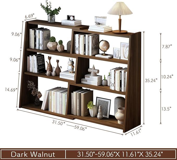 IOTXY Wooden Extendable Shelf Bookcase - 3-Tier Ladder Low Short Bookshelf for Small Space or Corner, Dark Walnut, L