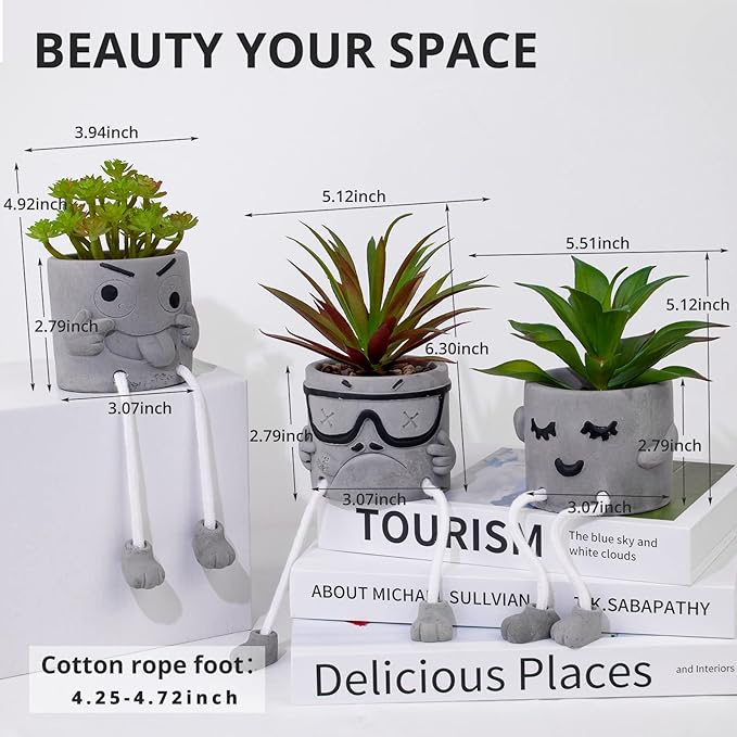 Set of 3 Artificial Succulents Potted Plants Faux Succulents Desk Decoration Fake Mini Plants in Grey Pots Faux Plants Kitchen Shelf Desk Decor Small Bathroom Decor for Shelves