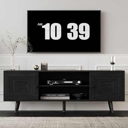 Modern TV Stand with Storage Cabinet, Wood Fashionable TV Cabinet with Waveform Panel and Adjustable Shelf, Entertainment Center TV Stand for TV, Living Room (Advanced Black