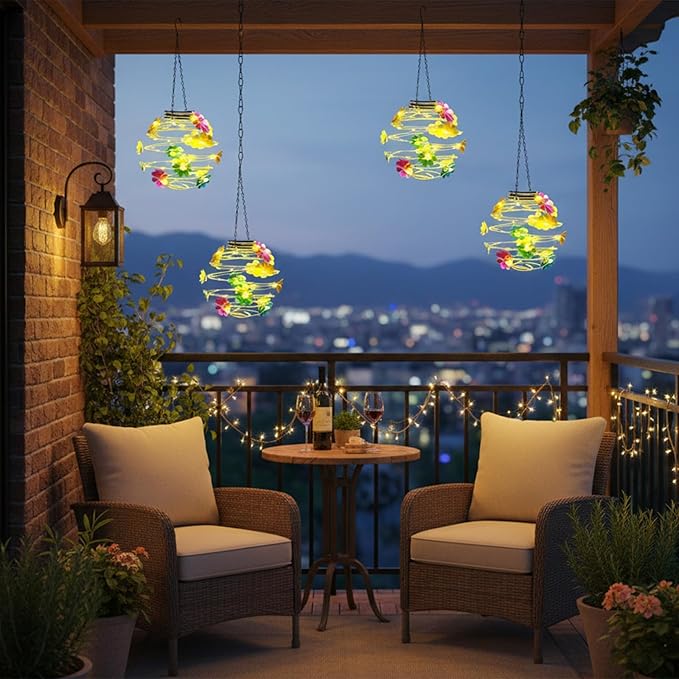 2 Pack Solar Lanterns Outdoor Waterproof , 30LED Hanging Lights with Flower Patterns for Garden Patio Yard Decor, Gift for Grandma Gardeners Women