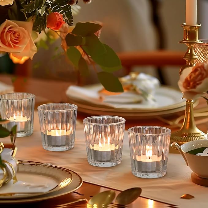 ComSaf Votive Candle Holders, 12 PCS Glass Candle Holders, Ribbed Tealight Candle Holder for Table Centerpieces, Clear Candle Holder for Wedding, Home Decor, Party, Baby Shower, Special Occasions