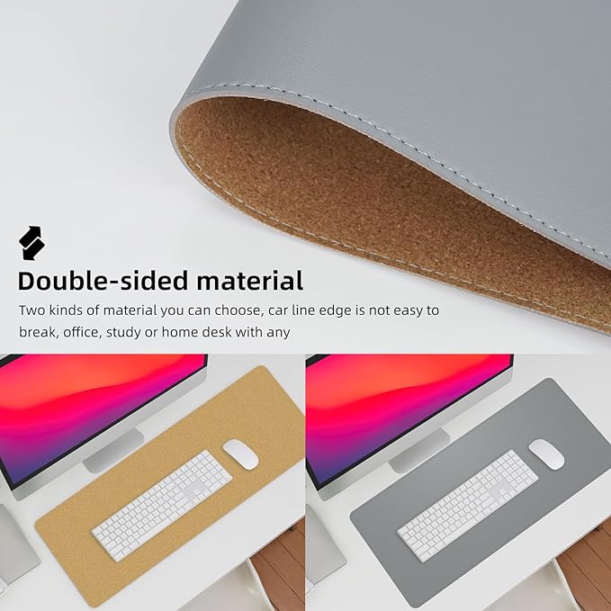 Desk Mat,35.4" x 17" Leather Desk mat,Double-Sided Desk Pad,Desk matt for Desktop,Large Mouse Pad,Office Desk mat,Waterproof Desk Blotter pad for Office&Home(Light Grey+Cork)