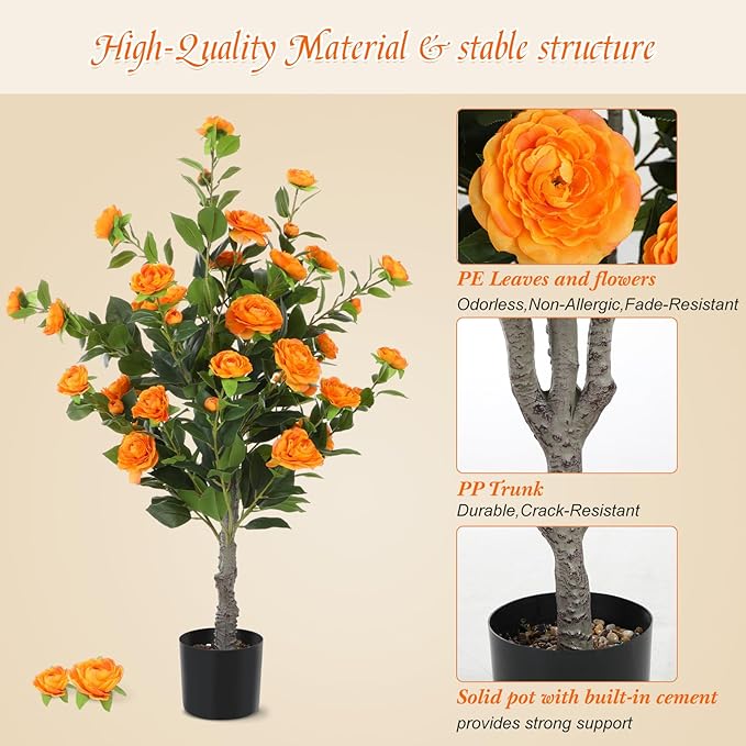 Jexine 2 Pack 40" Artificial Tree with Camellia, Fake Tree with 36 Blooming Flowers, Flower Plants Tree Faux Floral Plant Tree in Cement Pot for Indoor Outdoor Office Home Porch Decor (Orange,40")