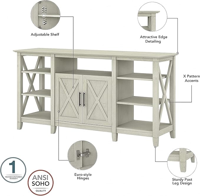Bush Furniture Key West Tall TV Stand for 65 Inch TV in Linen White Oak, Farmhouse Entertainment Center with Storage