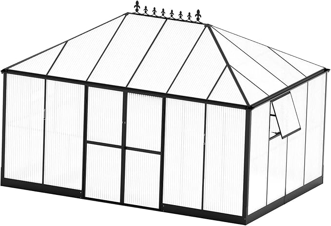 Howe 14x9.5x9 FT Polycarbonate Greenhouse with 2 Vents and Double Swing Doors 6FT Added Wall Height, Walk-in Large Sunroom Aluminum Greenhouse for Outdoors, Black