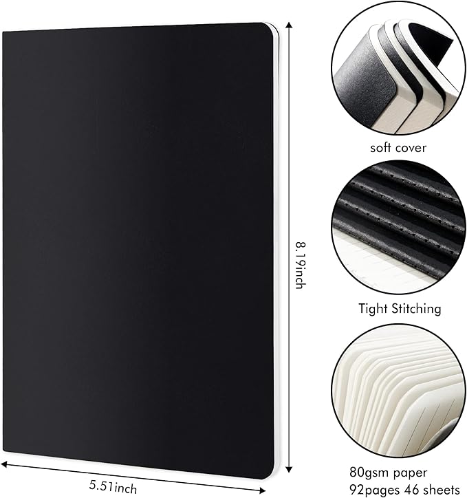 feela 36 Pack Soft Cover Journal Bulk, Lined Blank Travel Journal for Women Men Writing, Notebooks College Ruled for Work, Note Taking Notebook School Business Supplies, 8.2” x 5.5”, A5, Black