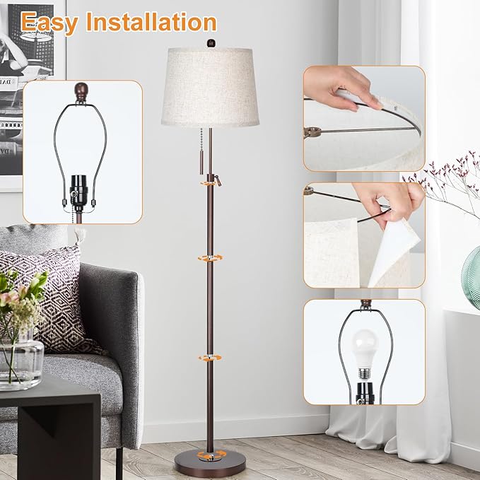 Modern Floor Lamp Adjustable Height Standing Lamp Tall Lamp with 3 Color Temperatures Floor Lamps for Living Room Bedroom Office Beige Shade Bulb Included-Brown
