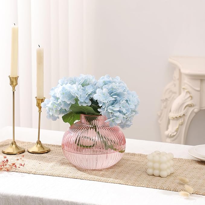 Pink Glass Vase for Tulips, Ribbed Glass Vase for Flowers, Round Flower Vases, Small Short Vases for Living Room, Office, Coffee Table, Shelf, Wedding, 6 Inches