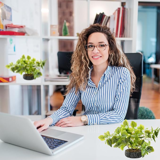 12.8" Artificial Plants Decor Fake Potted Plants with Special Leaves Greenery Faux Lifelike Silk Plants in Rustic Black Clay Planter Perfect for Indoor Home Outdoor Farmhouse Bathroom Décor