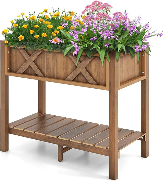 Giantex HIPS Raised Garden Bed, Elevated Planter Box w/Legs, Storage Shelf, Drainage Holes, Weather-Proof Standing Raised Beds for Backyard Porch Flower Vegetable (Coffee, 34" x 18" x 29")
