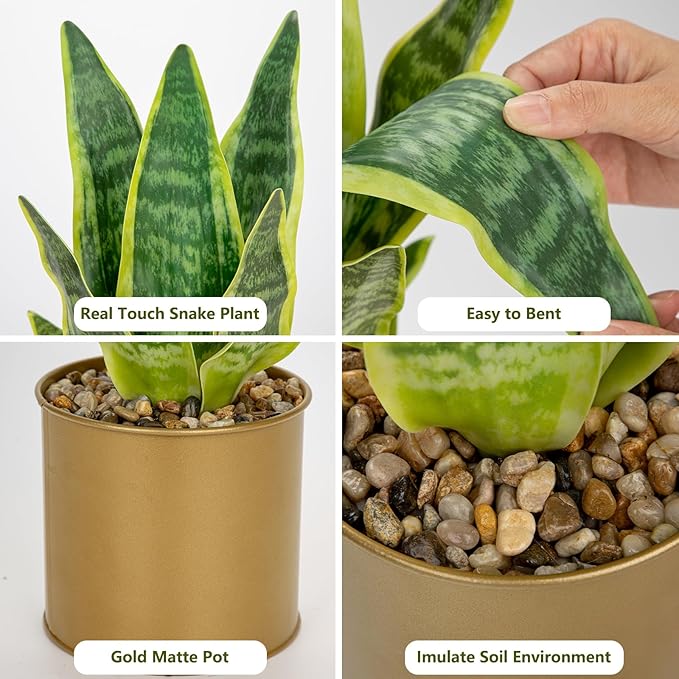 Artificial Potted Plant, Fake Snake Plant in Gold Pot 17.3 inch Faux Sansevieria Trifasciata Artificial Plants Indoor with Pot for Home Office Living Room Indoor Outdoor Decor