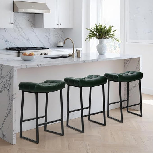 Modern Bar Stools Set of 3 for Kitchen Counter 24 inch Counter Height Backless Barstools with Upholstered Faux Leather Saddle Seat and Metal Frame Industrial Bar Chairs, Dark Green