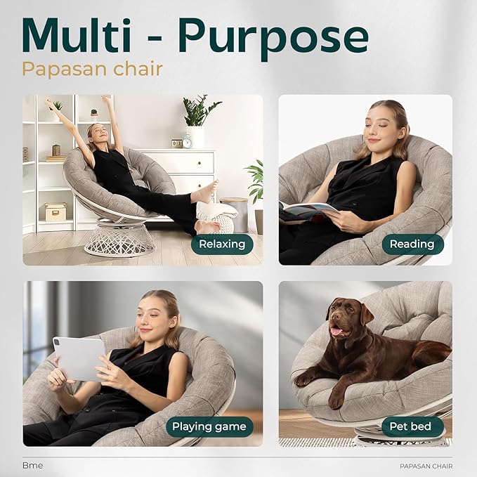 Bme 40" Ergonomic Wicker Papasan Chair with Soft Thick Cushion & Frame, 360° Swivel, Circle, Reading, Comfy Chair for Living Room, Bedroom