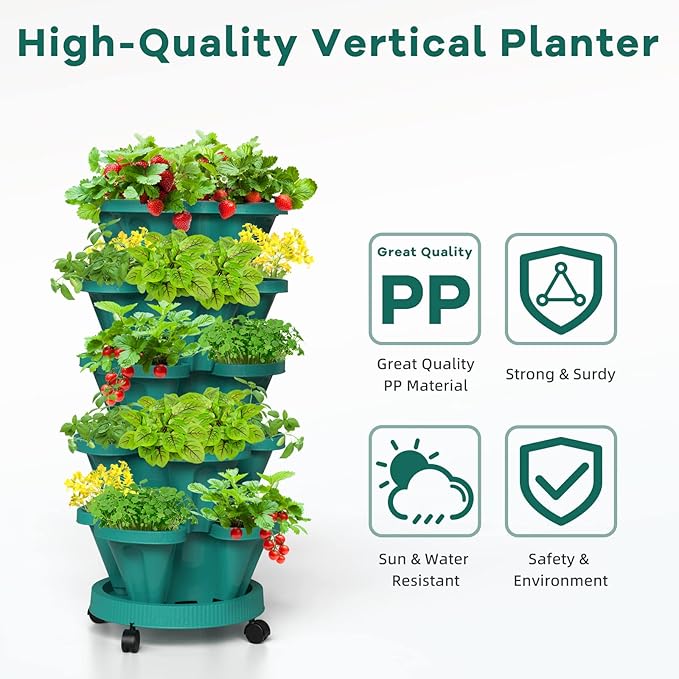 Strawberry Stacking Planters, Vertical Garden Tower, 3 Tiered Stackable Herb Vegetable Planters with Movable Casters and Bottom Saucer Indoor and Outdoor - Hunter Green