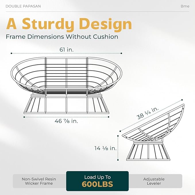 Bme Double Papasan Chair, 600lbs Capacity, Ergonomic Design, Soft Thick Fabric Cushion, Bee-Designed, Durable Steel Frame, 61", Onyx Stone-Black Base