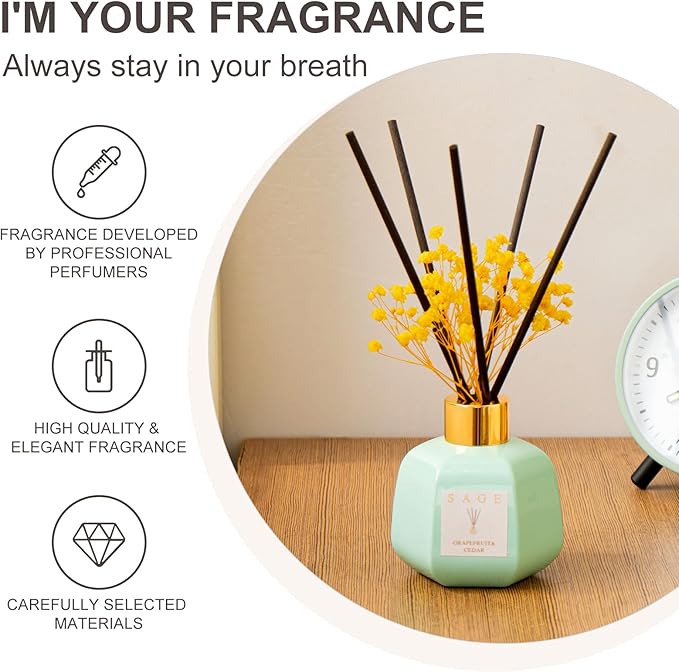 SAGE Hotel Reed Diffuser - Inspired by Marriott Room Scent | 3.4oz Grapefruit Cedar Scent Diffusers for Home | Preserved Real Flower & Oil Diffuser Sticks | Nightstand or Bathroom Decor for Shelves