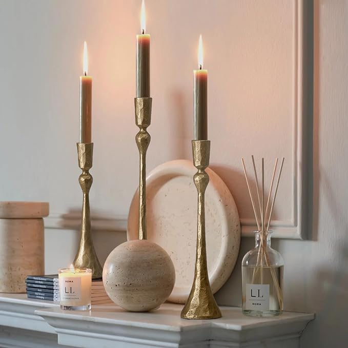 Vintage Cast Iron Taper Candle Holder - Set of 3 Decorative Candle Stand, Candlestick Holder for Wedding, Dinning, Party (Antique Brass)