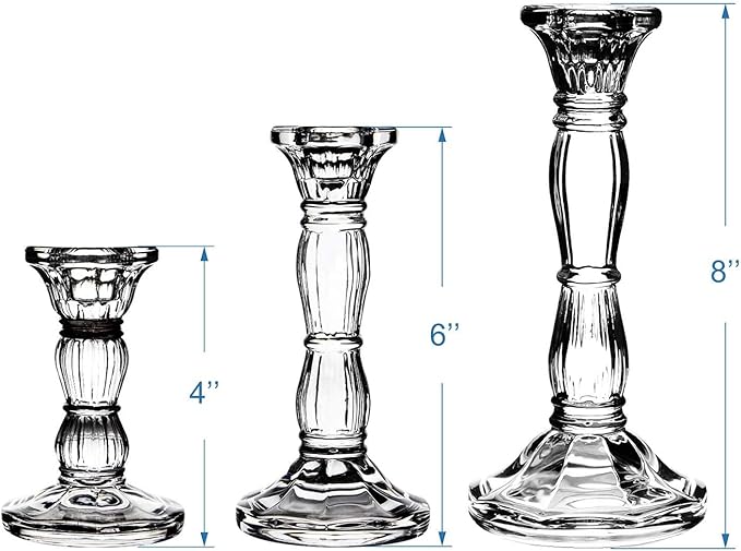3Pack Glass Candle Stick Holders - Clear Crystal Taper Candles Holder– Table Centerpieces for Buring Candles, Led Taper Candle,Party and Wedding Decoration(4,6,8inches Tall)