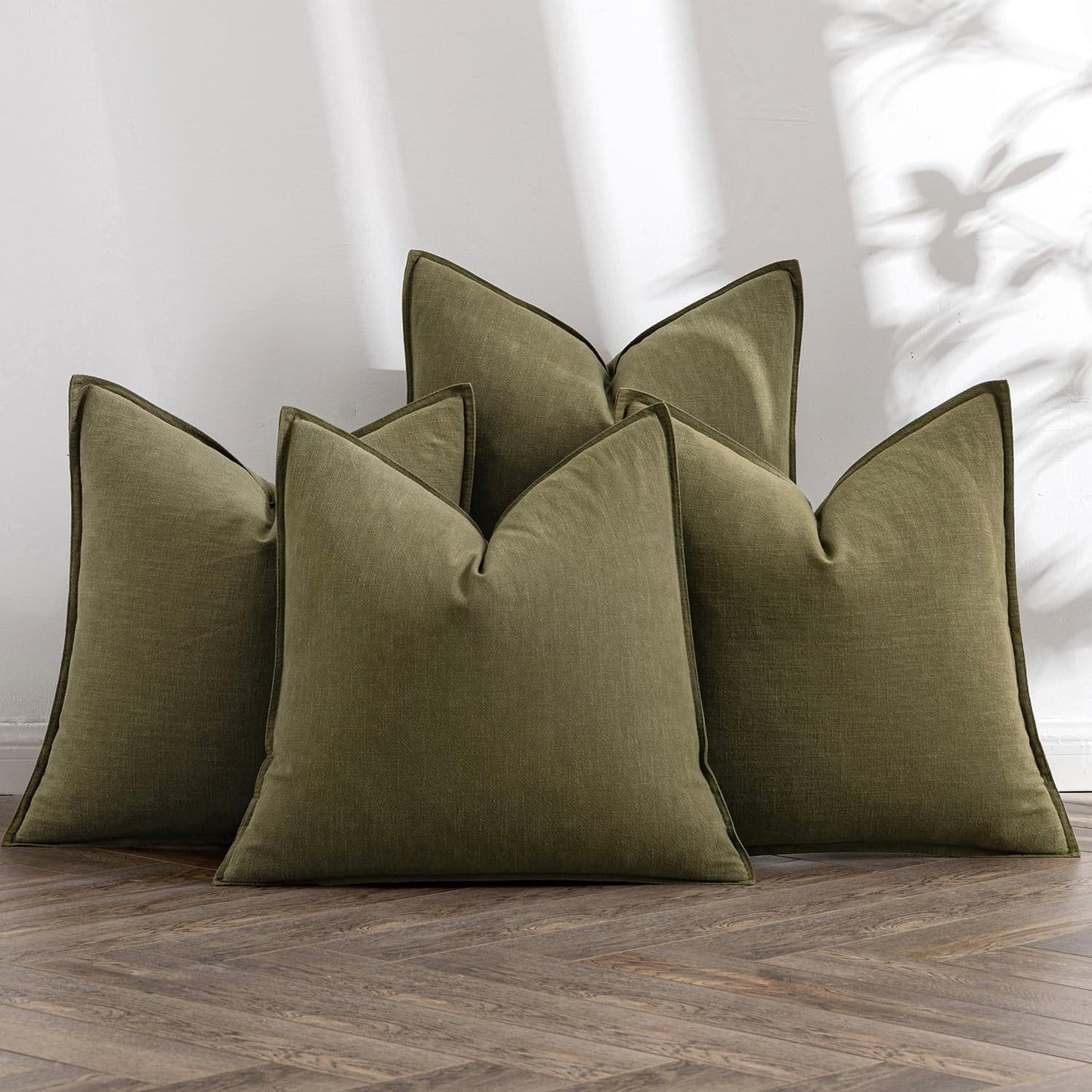 MIULEE Olive Green Linen Pillow Covers Pack of 4 Decorative Natural Solid Throw Pillow Covers Soft Accent Boho Farmhouse Couch Pillowcases Modern Home Decors for Living Room Bed Sofa 18x18 Inch