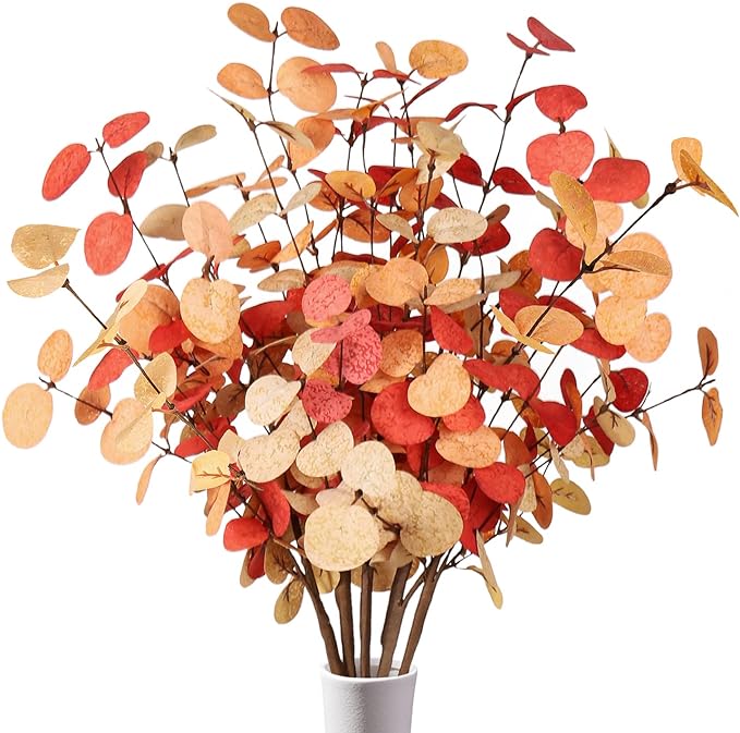 Beferr Fall Eucalyptus Stems Decor, 5Pcs 24" Faux Eucalyptus Branches Artificial Autumn Plants Decorations Fall Floral Arrangements Farmhouse Home Table Centerpiece