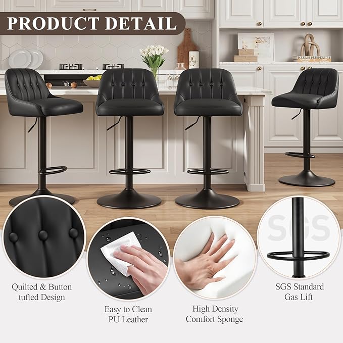Bar Stools Set of 6, Swivel Bar Chairs, Modern Adjustable PU Leather Upholstered Barstools Counter Height with Tufted Back for Bar, Kitchen Counter Island, Dining Room, Black