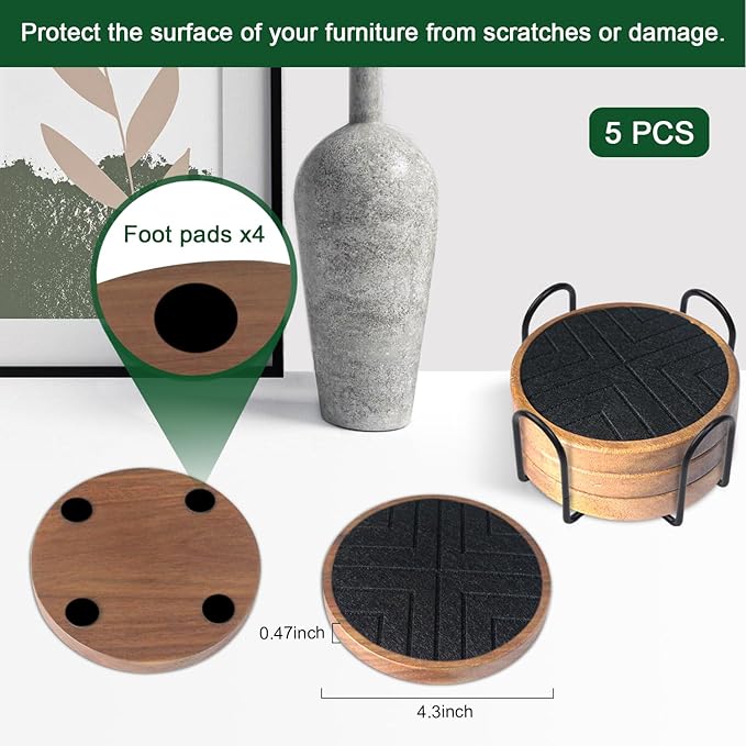 Wood Coasters with Felt Pads, Non-Slip, Non-Stick - 5 Pack Absorbent Coasters for Coffee Table with Holder, Suit for Kinds of Cups 4.3 inch (Black Series)