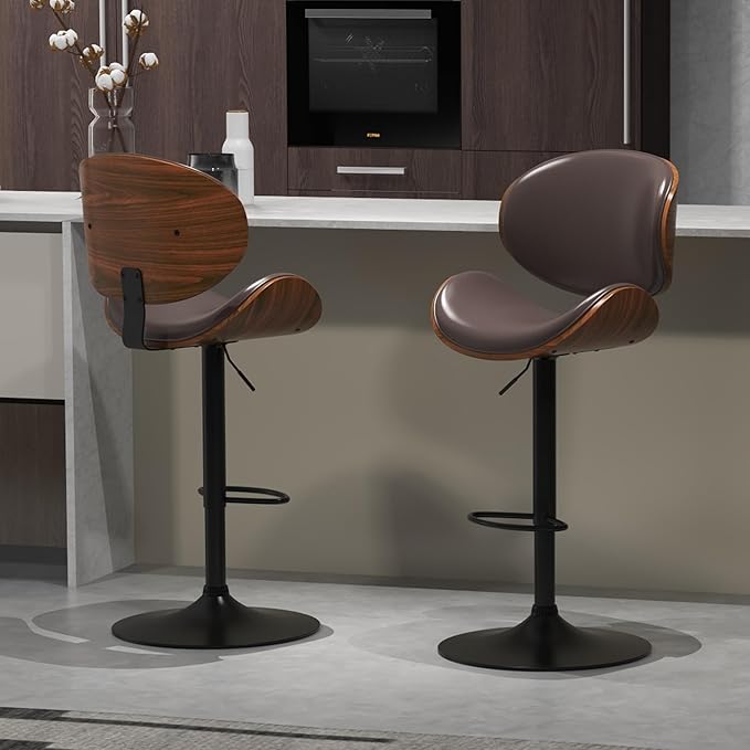 civama Brown Bar Stools Set of 2 for Kitchen Counter, Adjustable Bar Height Chairs, Modern Swivel Barstools with Bentwood Seat and Back with Footrest, for Kitchen Island, Dining Room, Brown PU Leather