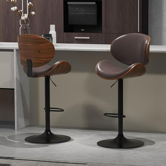 civama Brown Bar Stools Set of 2 for Kitchen Counter, Adjustable Bar Height Chairs, Modern Swivel Barstools with Bentwood Seat and Back with Footrest, for Kitchen Island, Dining Room, Brown PU Leather