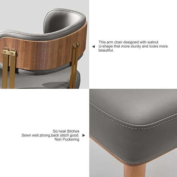 Modern Mid-Century Upholstered Leather Dining Chairs with High-Resilience Foam, Walnut Wood Veneer&Gold Metal Legs,Dining Chairs with Anti-Slip Pads,Grey
