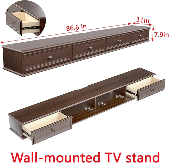 86-inch Wall-Mounted TV Stand, Accommodates 50- to 75-inch TVs, Features Hidden Cable Management, high Weight Capacity, and Space-Saving Walnut Floating TV Stand