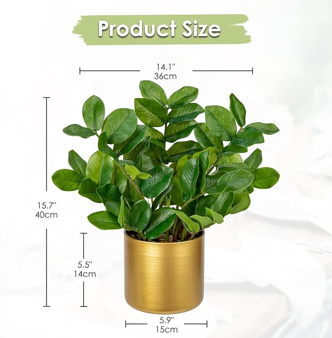 Briful Faux Plants Indoor Artificial ZZ Plant with Gold Pot 15.7in Medium Size Silk Plants Fake Tropical Plants for Home Office Room Kitchen Table Shelf Decoration