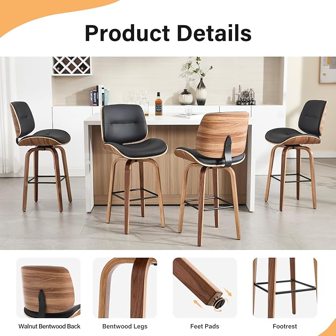 Mid Century Modern Bar Stools Set of 1, 29.5'' Bar Height Swivel Stools with Bentwood Legs, Faux Leather Upholstered Bar Chairs with Footrest for Kitchen Island & Countertops, Black
