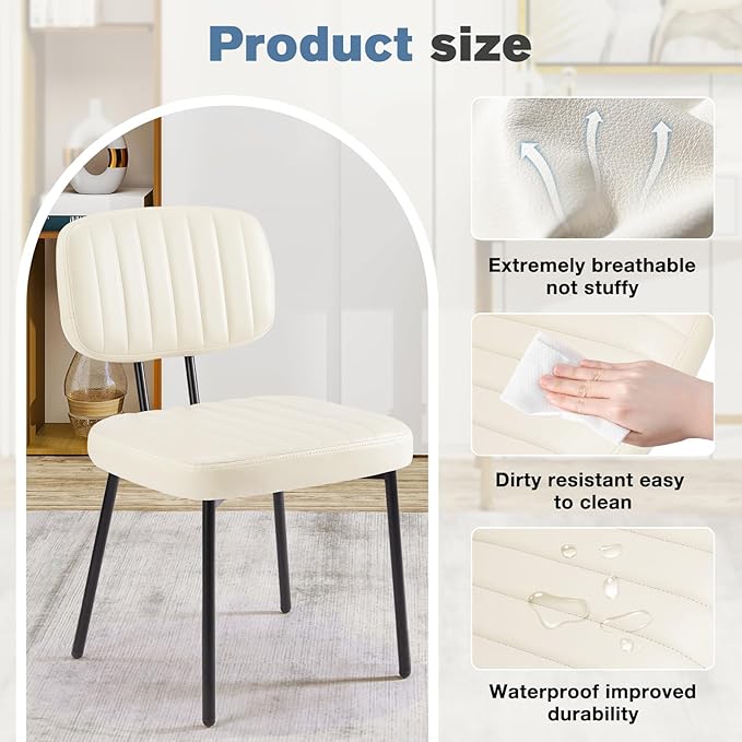 DUMOS Dining Chairs Set of 2, Upholstered Mid-Century PU Leather Accent Chair with Backrest and Metal Legs for Kitchen, Living Room, White