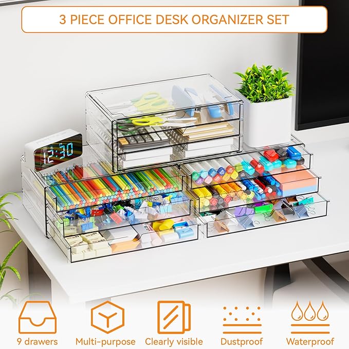 Yieach 11.1 Inch Long Clear Drawer Organizers Stackable,3 Pack Small Acrylic Drawers,School,Office Supplies Organizer And Storage Bins for Stationery,Marker,Pen,Pencil,Craft Desktop Storage Drawers