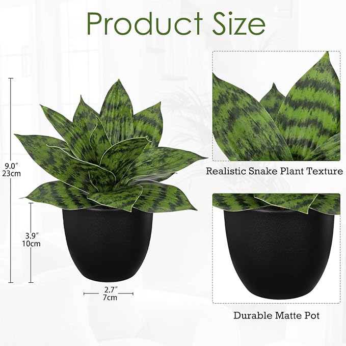 Hollyone Artificial Snake Plants 9" Faux Agave Succulent Plant Potted in Black Pot Fake Sansevieria Aloe Tropical Plant for Desk Modern Office Home Bathroom Indoor Outdoor Decor