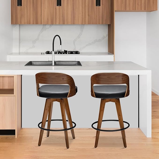 Barstools Set of 3,Counter Height Bar Stools for Kitchen Island,26.8 Inch Modern Upholstered Bar Chair, Swivel Counter Stools with Wood Back and Bamboo Legs (Black-PU)