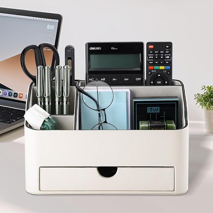 KINGFOM Desk Organizer with Drawer, Multifunction Pencil Holder for Desk, Desk Organizer and Accessories 5 Comparetments for Home Office Supplies (Ivory White)