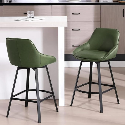 Zesthouse Swivel Counter Height Stools Set of 2, Modern Upholstered Barstools with Backs, 26'' Faux Leather High Chairs for Island Kitchen, Counter Height Chairs with Metal Legs, Green
